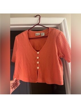 Coral Button-Front Ribbed Crop Top